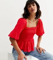New Look Red Shirred Square Neck Peplum Top